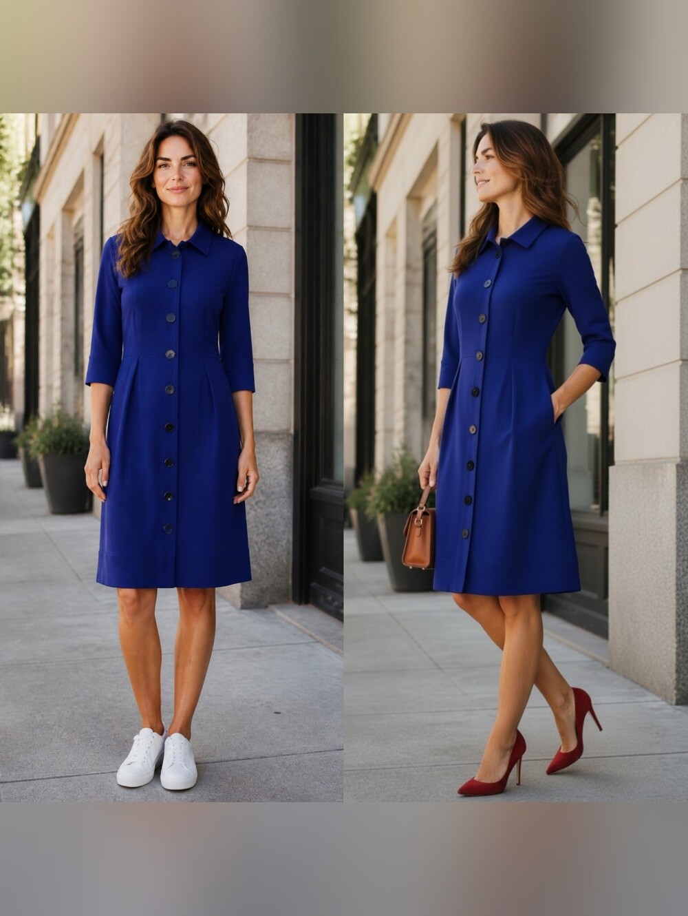 Talbots 12 petite button shirt dress blue 3/4 sleeves pockets stretch pleated
